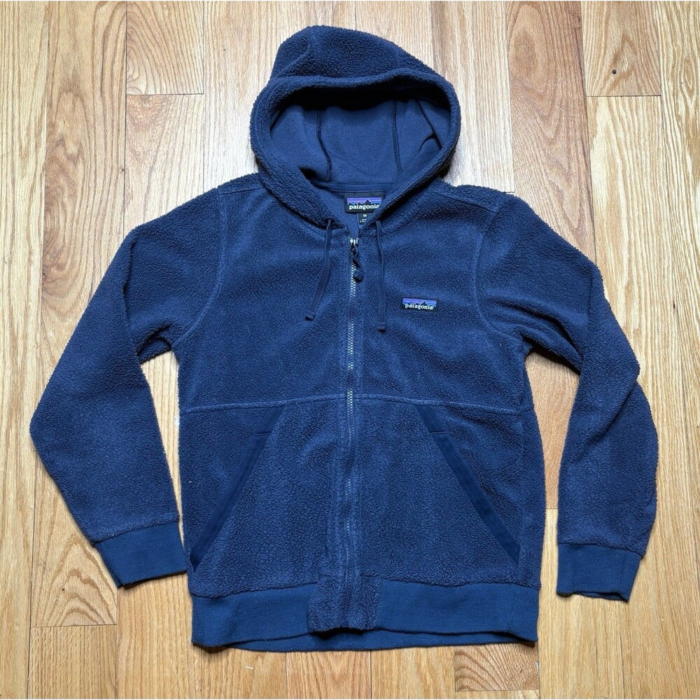 Patagonia Womens Size XS Shearling Fleece Hoody sweater jacket Navy Blue